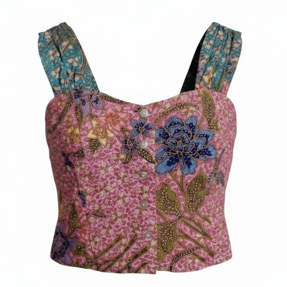 Vintage Faith Pink Batik Floral Bird Cotton Crop Top Button Front Bodice Large